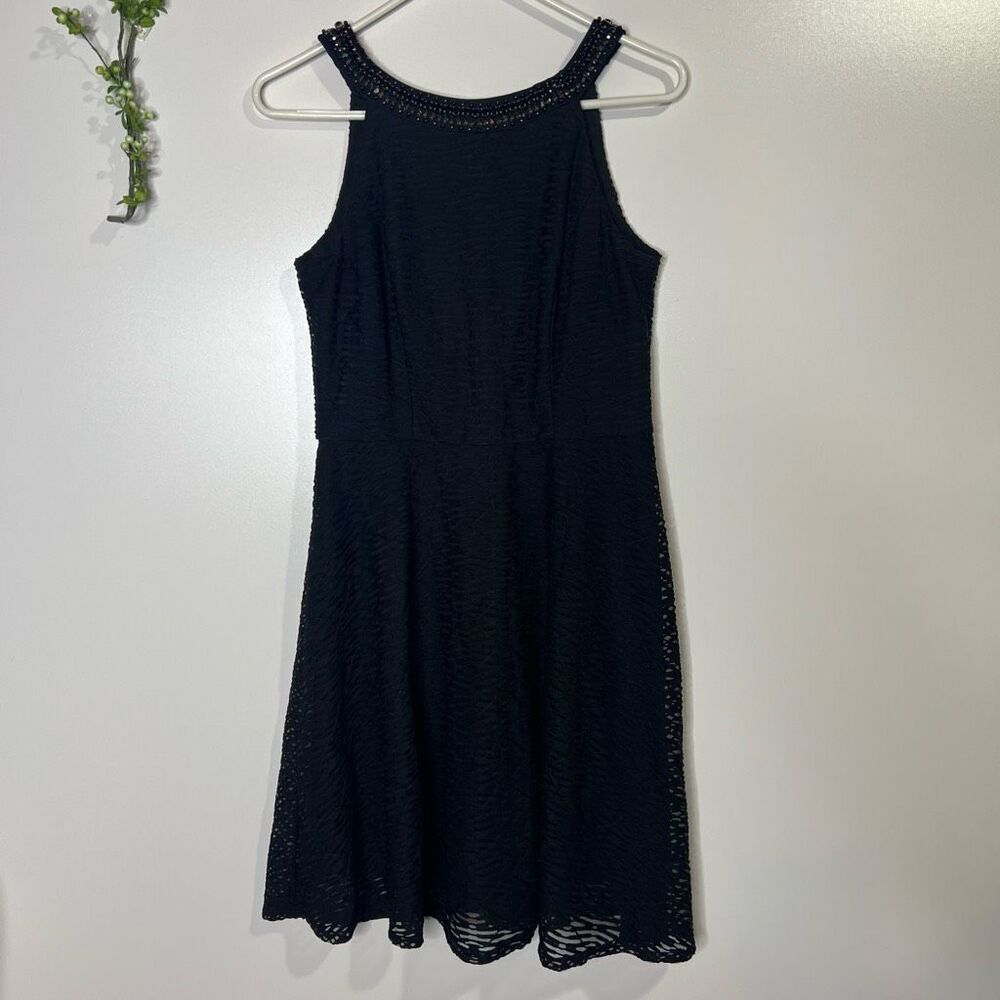 Sandra Darren Black High Neck Black Lace Overlay Cocktail Party Dress